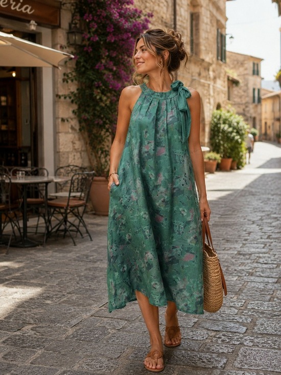 Bellambia Dresses & Skirts - 100% Linen Made In Italy Green Floral Halter Tie-Shoulder Maxi Dress